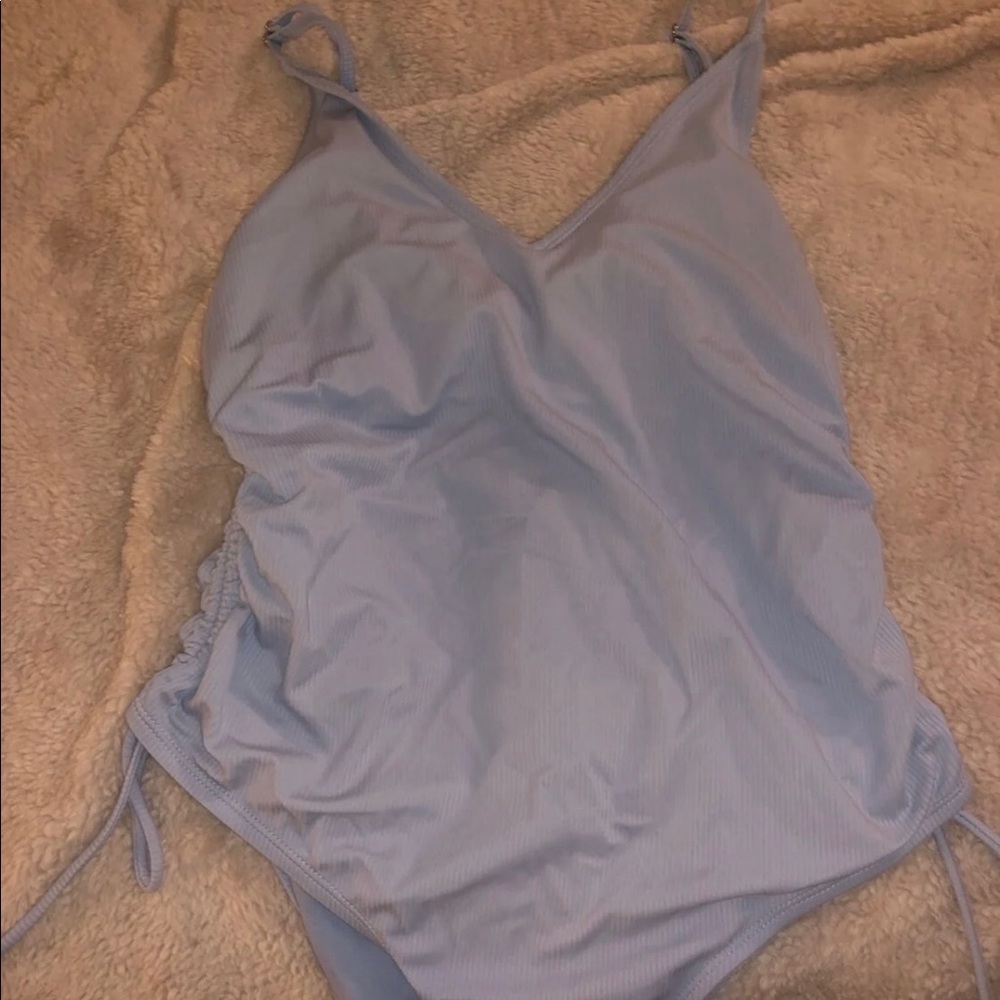 Baby blue ribbed one piece swimsuit